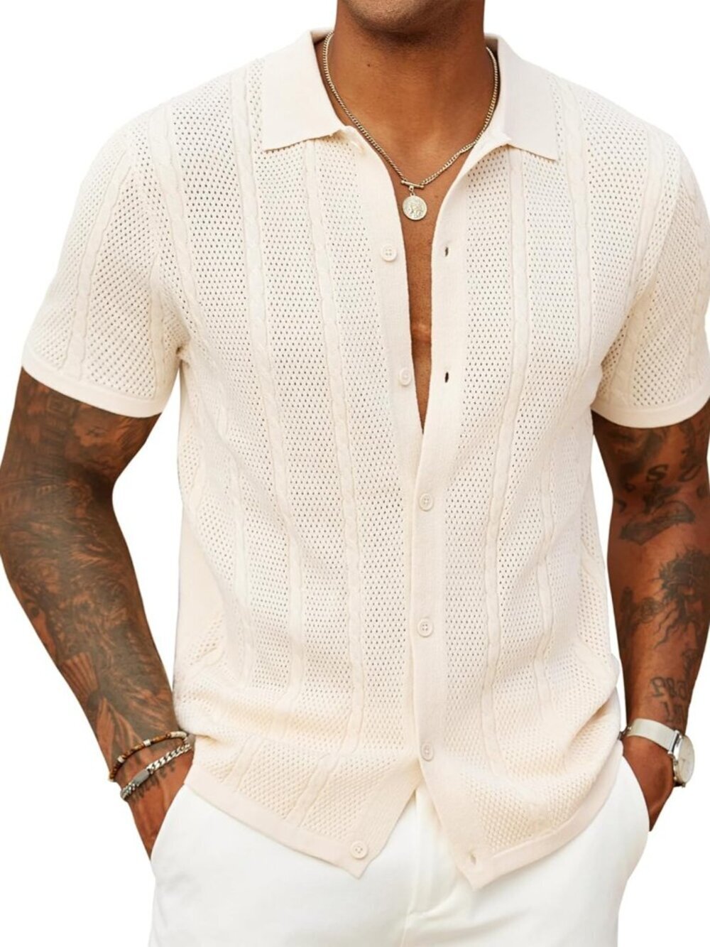 Men’s Cream Knit Button-Down Polo Summer Beach Casual Top Shirt